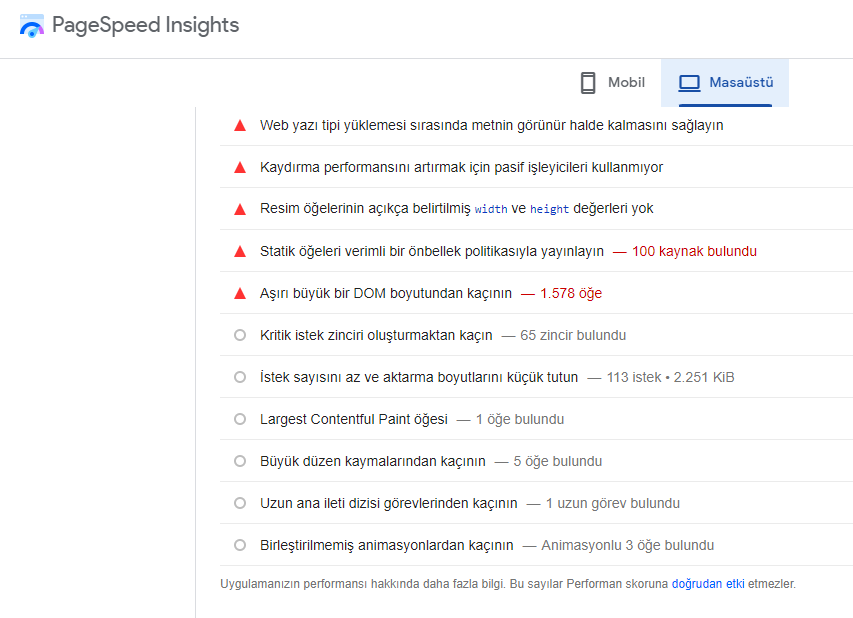 masaüstü cihazlarda site açılma hızı