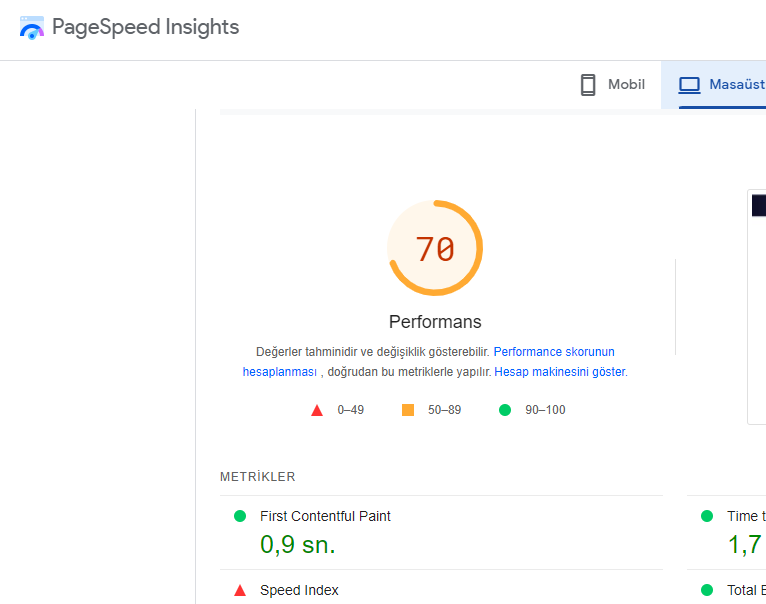 Masaüstü cihazlarda sayfa açılma hızı
