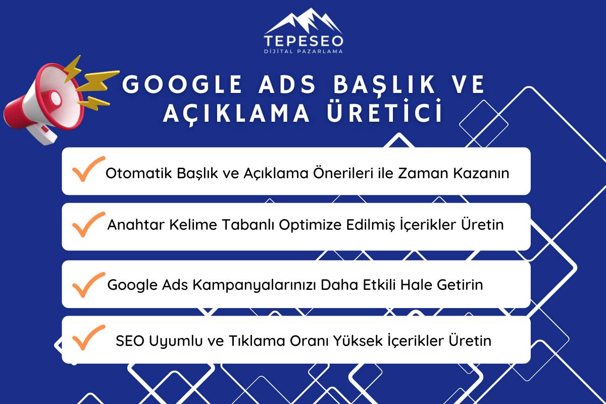 TEPESEO Google Ads Başlık ve Açıklama Üretici, dijital pazarlama süreçlerinizi desteklemek amacıyla özel olarak geliştirilmiş bir araçtır.